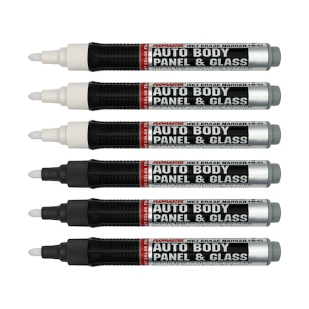 Mighty Marker FM-43 Mighty Marker, Flomaster Autobody & Glass, White, Black, 6PK 60243